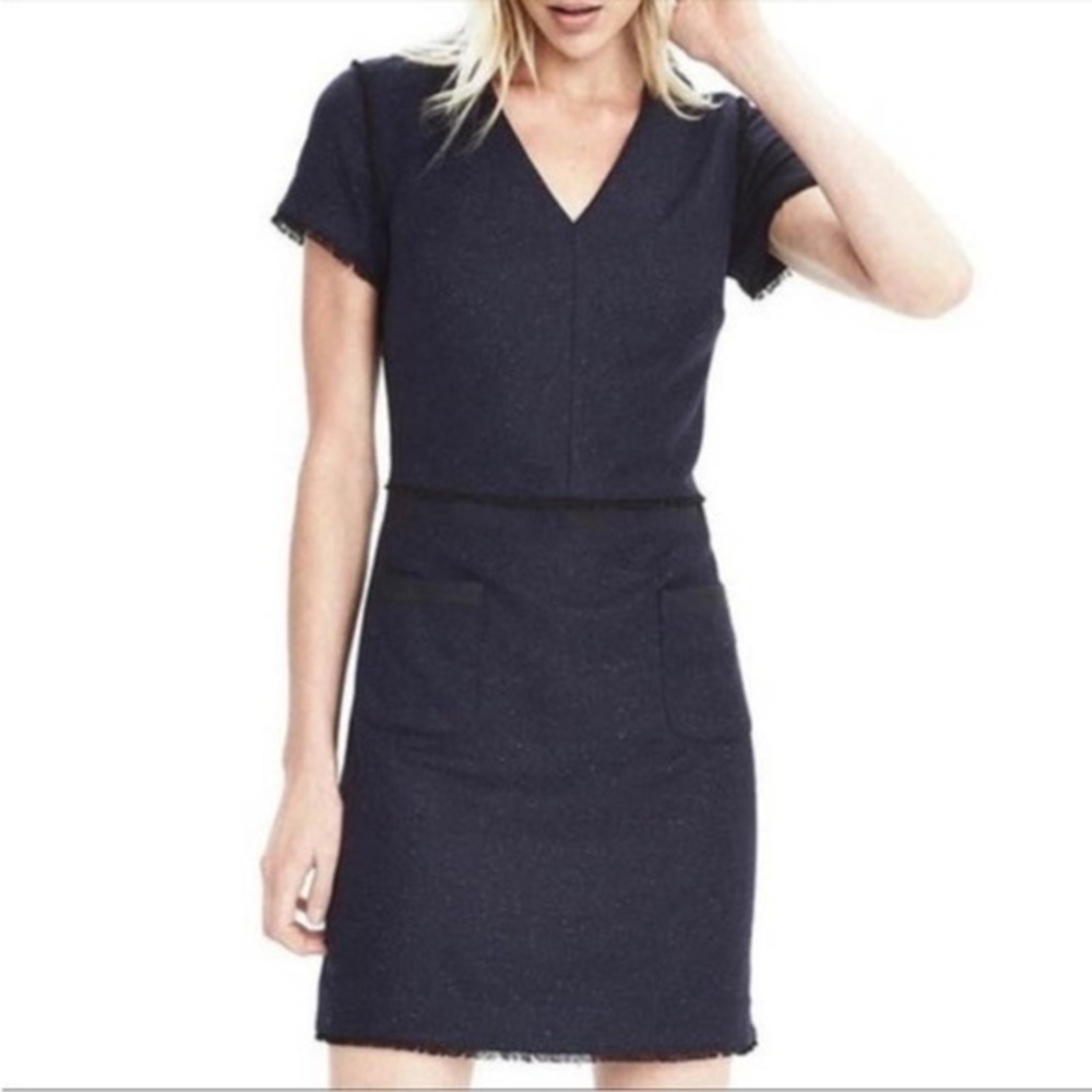 BANANA REPUBLIC navy confetti tweed short sleeve wool blend career dress size 14